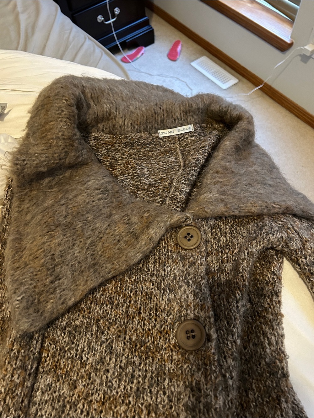 Zone Bleu Brown Textured Button Front sweater with Plush Collar